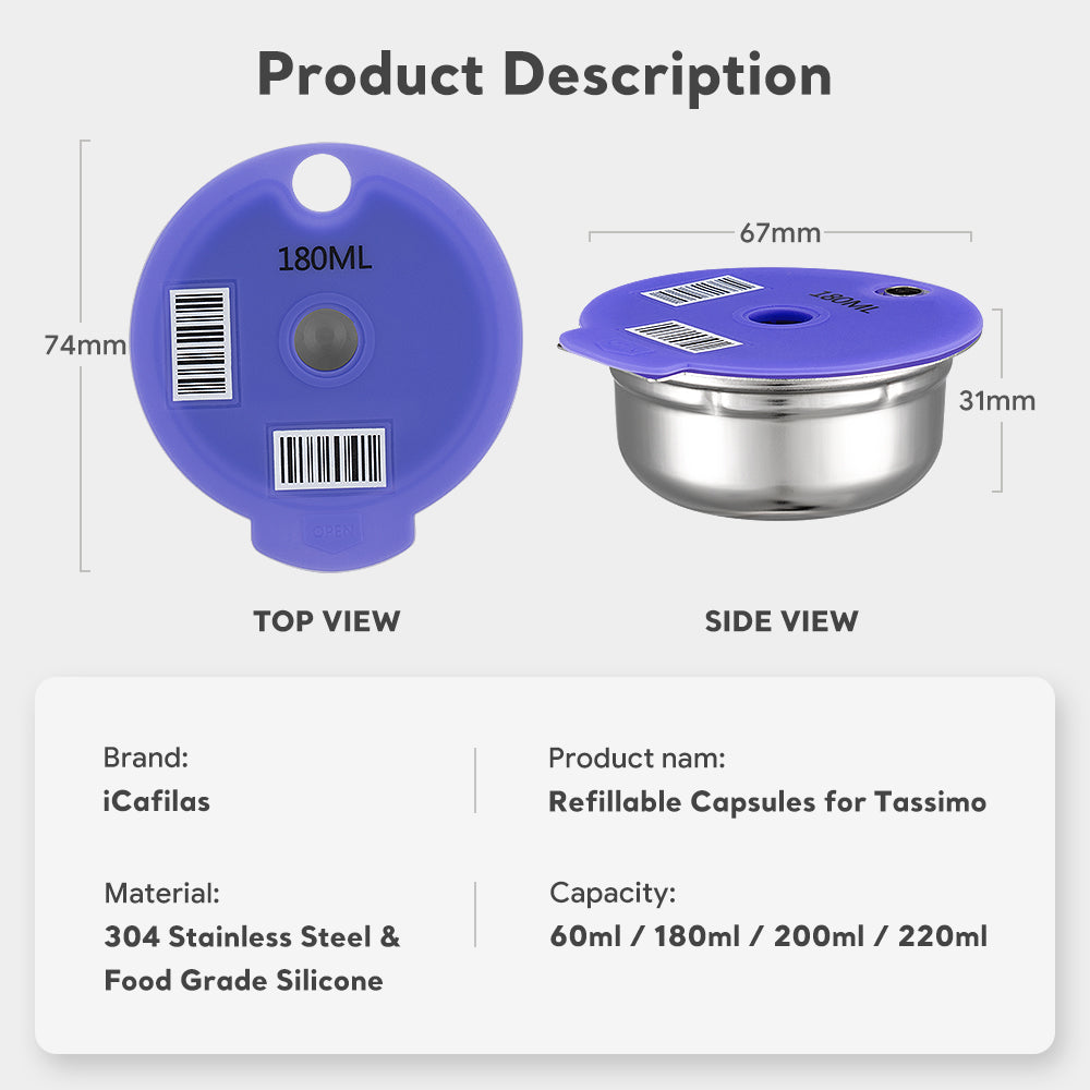 60/180/200/220ml Reusable Coffee Capsule Pods Stainless Steel Refillable Filter Compatible with Bosch Tassimo
