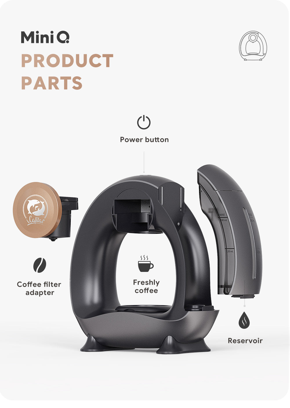 iCafilas Coffee Maker Machine Mini Q 240ml Water Tank Semi-automatic Make Noise 30dB Reusable filter adapter Coffee &Tea-Lea