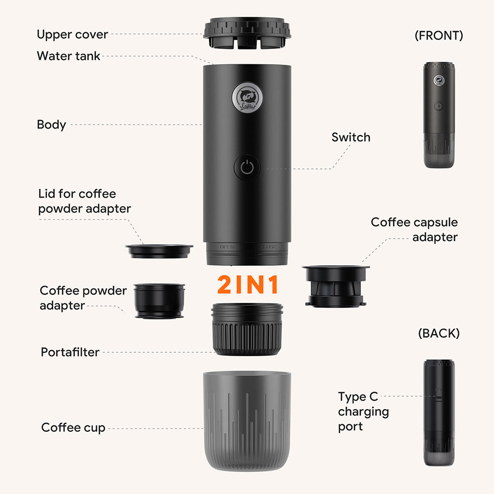 I  Cafilas 3-in-1 Wireless Electric Portable Espresso Coffee Machine for Car & Home Camping Coffee Maker Capsule Powder Travel Coffee Maker