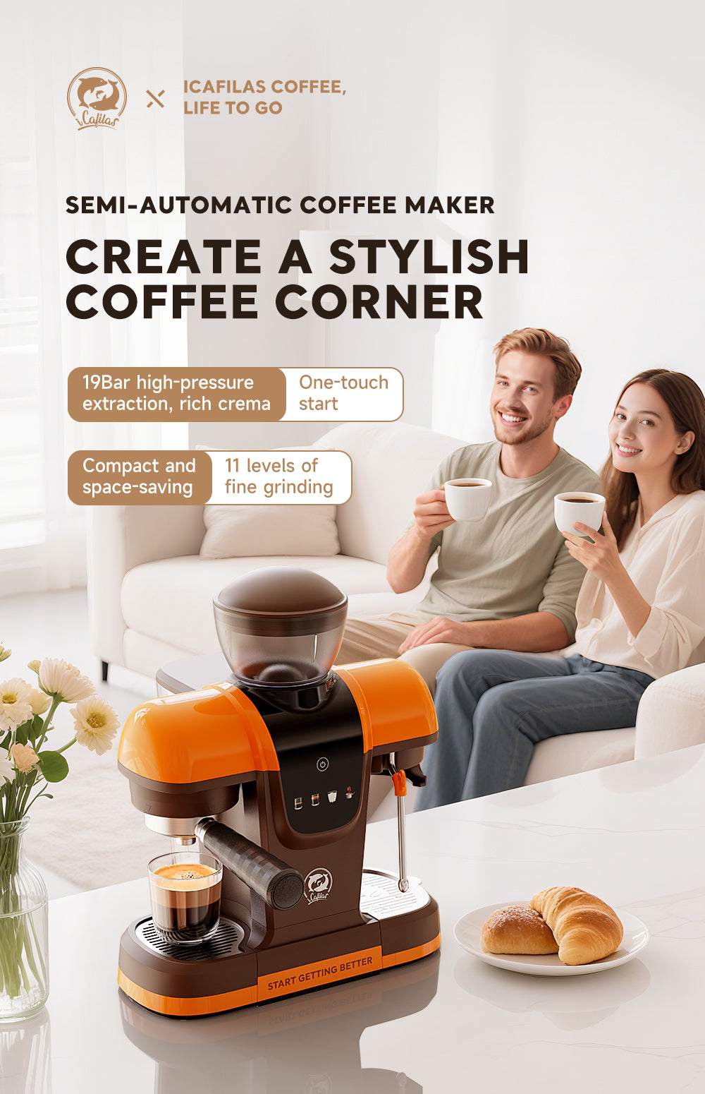 I Cafilas 19Bar Semi Automatic Italian Coffee Machine Household Small Fully Integrated Milk Foam Machine