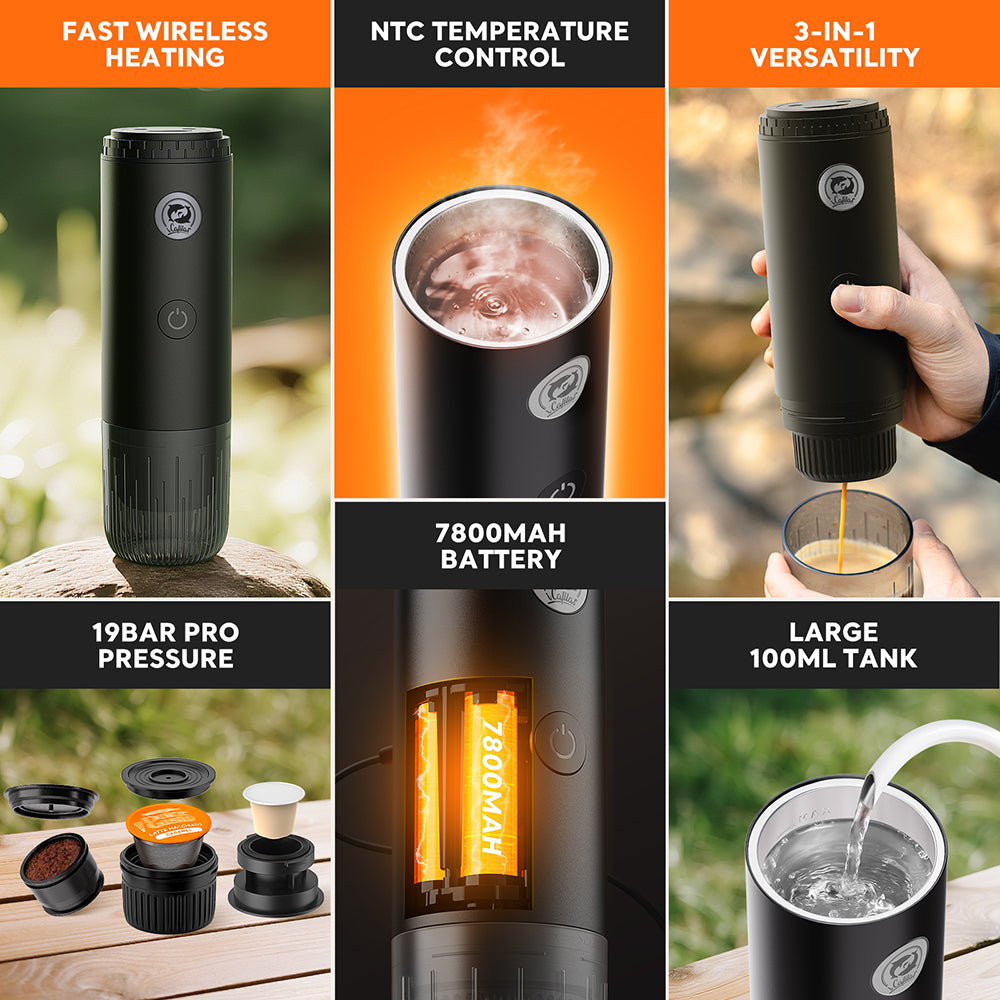 I  Cafilas 3-in-1 Wireless Electric Portable Espresso Coffee Machine for Car & Home Camping Coffee Maker Capsule Powder Travel Coffee Maker