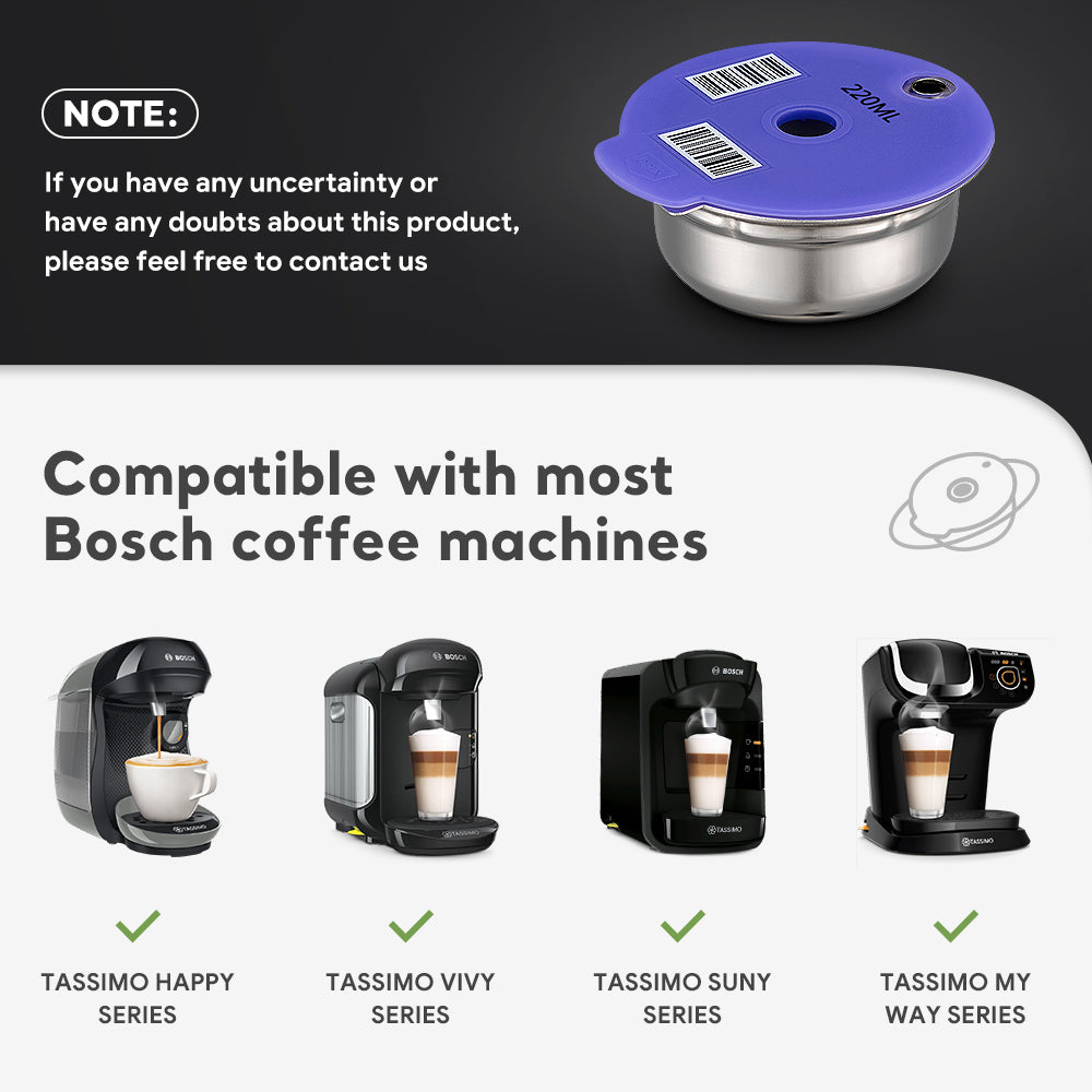 60/180/200/220ml Reusable Coffee Capsule Pods Stainless Steel Refillable Filter Compatible with Bosch Tassimo
