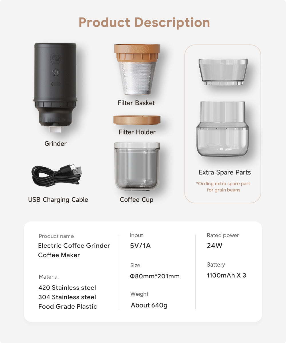 New Upgraded Automatic Portable Electric Coffee Grinder Can Grind Grains and Beans Drip Machine USB Charger