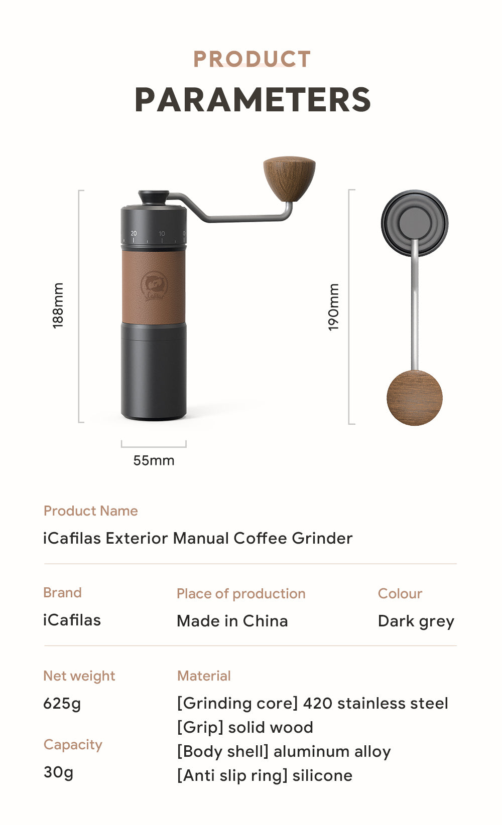 Manual Coffee Bean Grinder Portable Wood Grain Stainless Steel